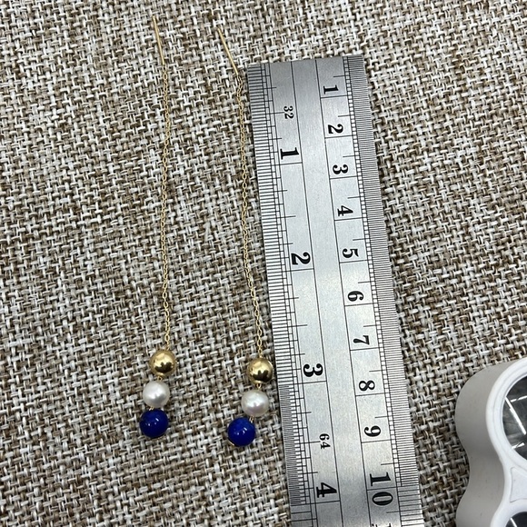14K Gold Mexico Stamped Threader Earrings with Lapis Lazuli and Pearl Beads - Picture 5 of 11